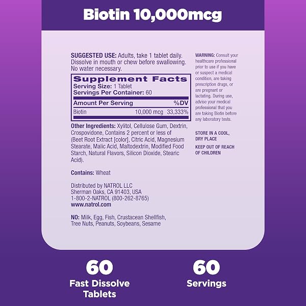 NATROL BIOTIN 10000MCG, 4X FASTER DISSOLVE SUPPLEMENT FOR HEALTHY HAIR, SKIN AND NAILS FOR THOSE LOW IN BIOTIN, PLUS ENERGY METABOLISM SUPPORT, 60 TABLETS, UP TO A 60 DAY SUPPLY