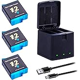 3-Pack Hero 12/11/10/9 Battery 2000mAh with 3-Channel USB-C Charger Power Fast Portable Accessory Fully Compatible with Hero 12, Hero 11, Hero 10, Hero 9 Black Sport Action Camera (AHDBT-901)