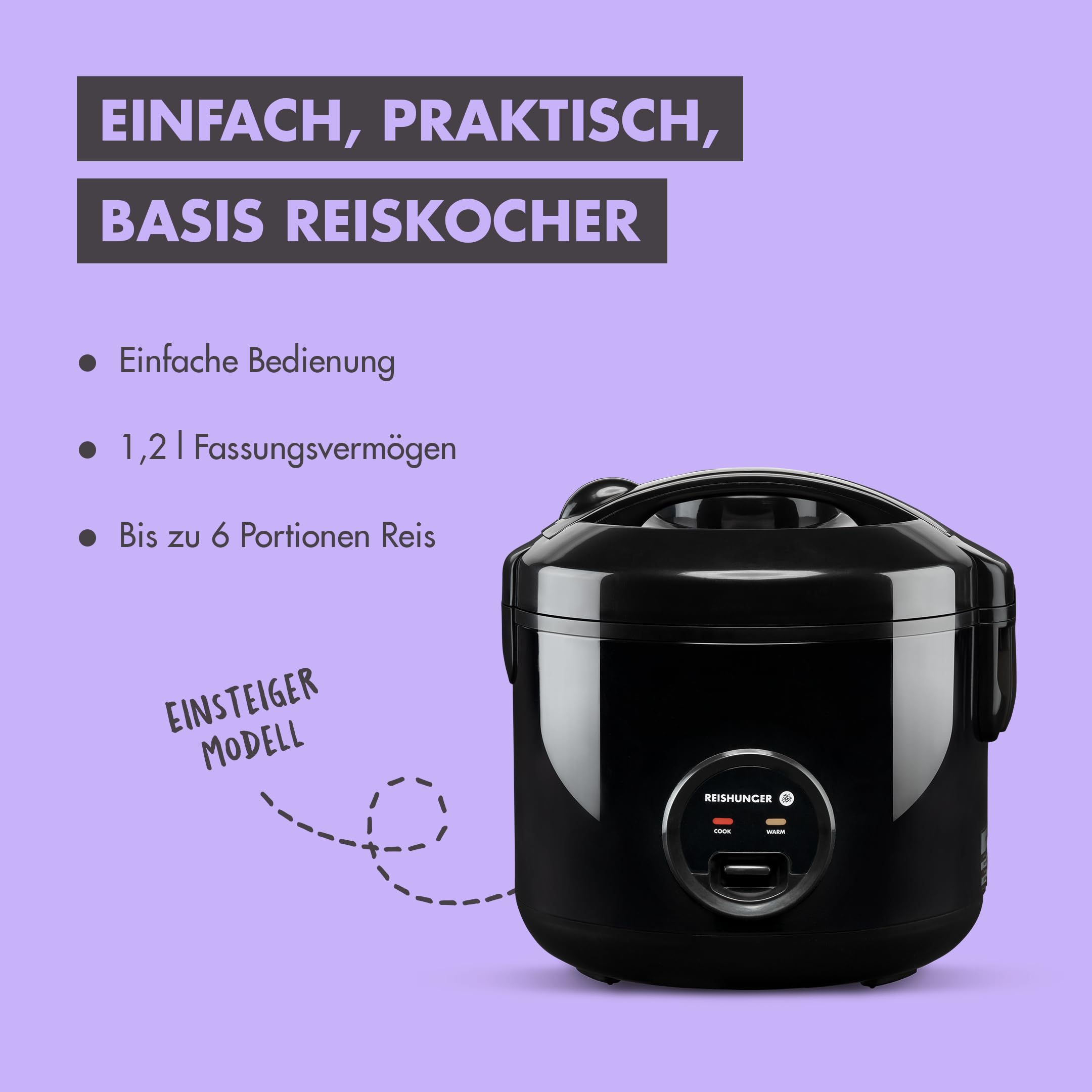 REISHUNGER Reiskocher & Dampfgarer mit Keramikbeschichtung – 1,2L – Schwarz 2