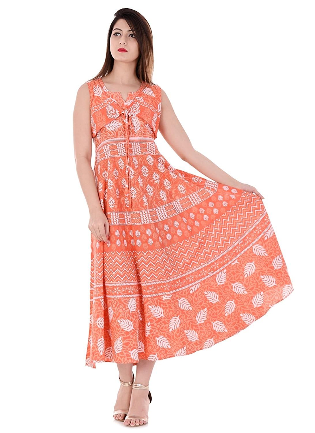 sampat enterprises women's cotton jaipuri floral printed maxi dress(a_orange_xxxxxs)