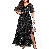 Pinup Fashion Women Plus Size Formal Dresses - Evening Gowns Sequin Prom Gala V Neck Flutter Sleeve Long Dress