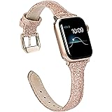Wearlizer Rose Gold Leather Compatible with Apple Watch Bands Series 6 5 4 40mm Series 3 38mm for iWatch SE Womens Shiny Slim