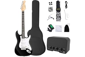 AODSK Electric Guitar with Amp Beginner Kit 39 Inch Solid Body Full Size,All Accessories,Digital Tuner,Six Strings,Four Picks,Tremolo Bar,Strap,Gig Bag,Starter kit (Black-SSS)