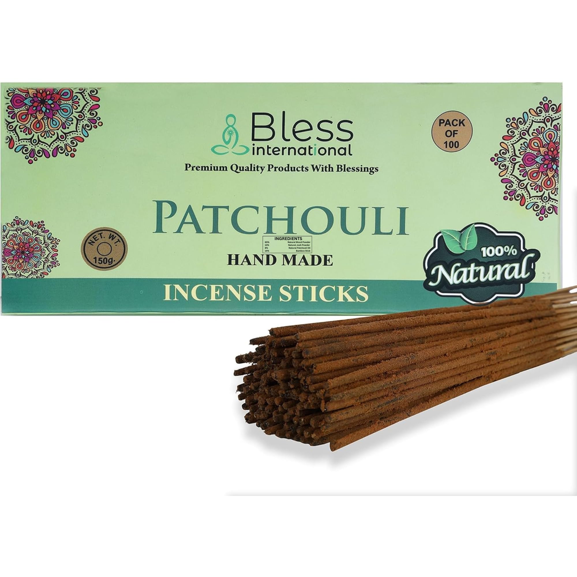 Bless International Patchouli-Incense-Sticks 100%-Natural-Handmade-Hand-Dipped- Organic-Relaxation-Positivity-Yoga-Meditation The-Best-Woods-Scent (100 Sticks (150GM)), (BLESSIIS41)