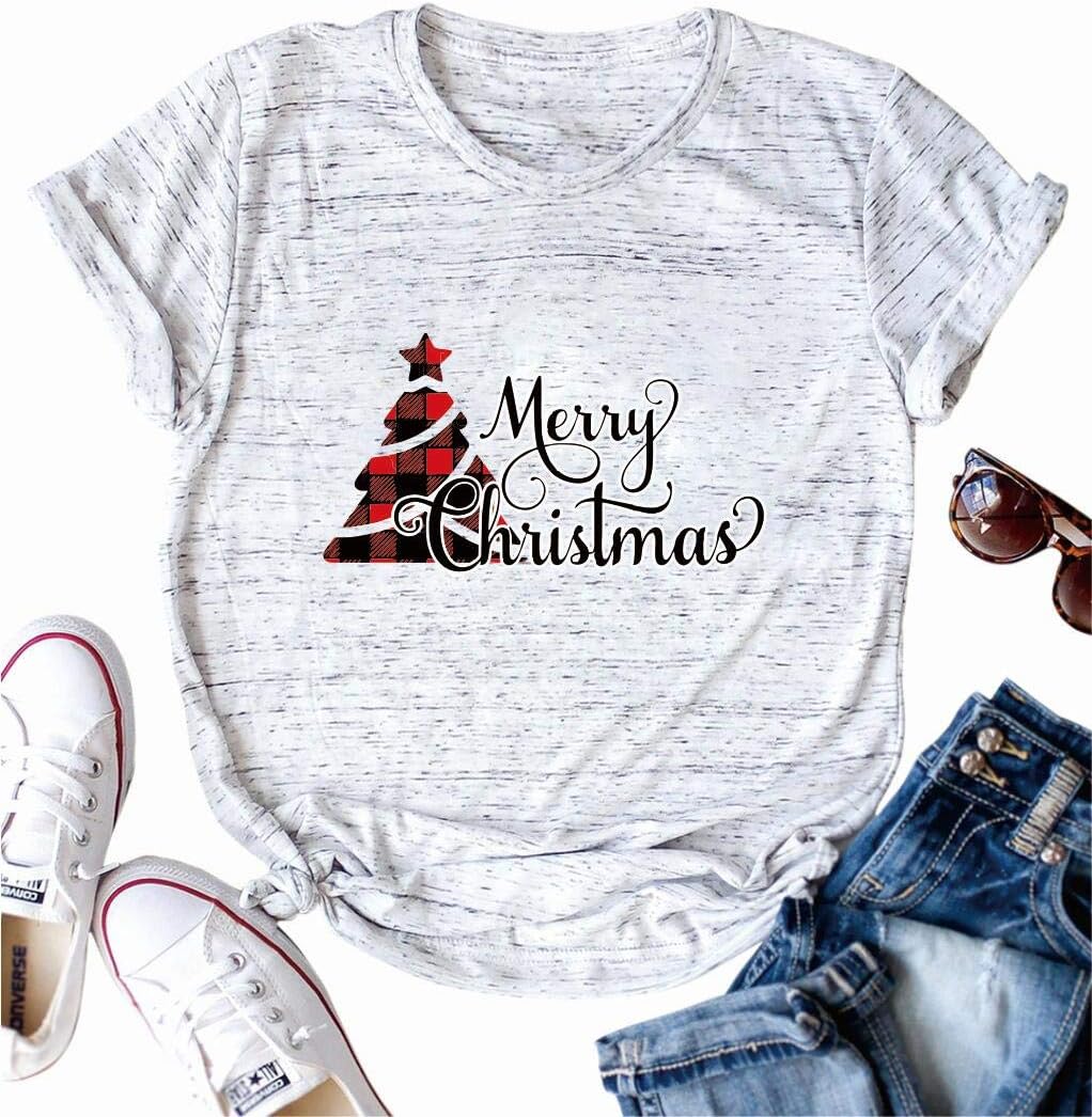 Merry Christmas Shirt Women Leopard Plaid Trees Print Casual V Neck Short Sleeve Tshirt Top