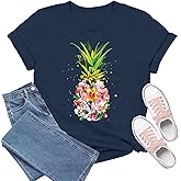 TIEEI Pineapple Shirt Women Pineapple Hawaiian T-Shirts Flower Pattern Tee Tops