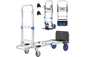 ZROECWT Upgraded 3 in 1 Aluminum Folding Hand Truck, 600lbs Capacity, Heavy Duty Convertible Dolly with Retractable Handle and 4 Rubber Wheels, Collapsible Cart for Moving Home, Office, Warehouse (Blue)