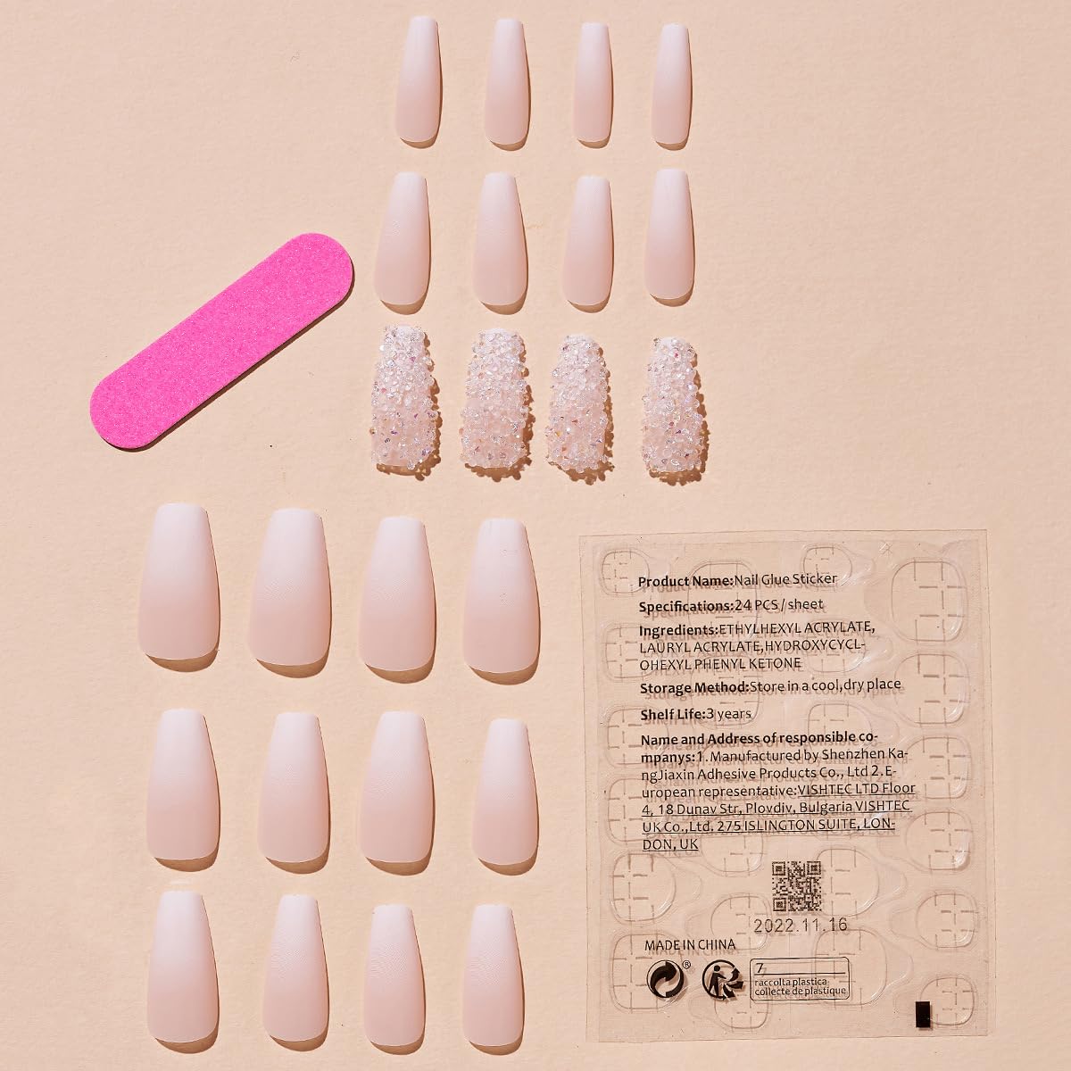 Medium Press on Nails Coffin Fake Nails Rhinestone with Matte Gradient Design Pink Acrylic False Nails Full Cover Artificial Glue on Nails Stick on Nails for Women and Girls Nail Decoration 24Pcs - Image 3