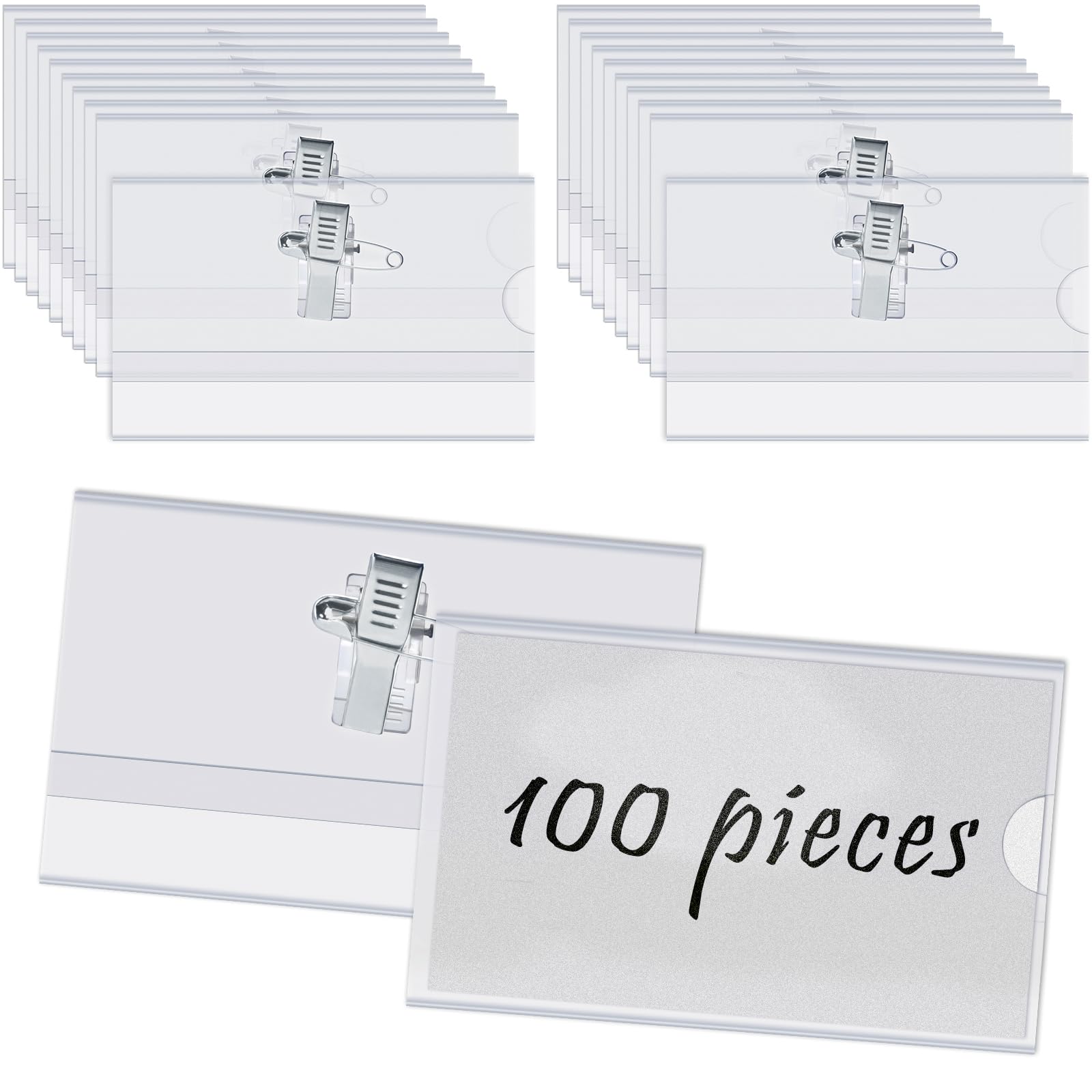 TMBMLPP 100 PCS Name Badges with Crocodile Clip and Safety Pin, Clear Badges with Pins Horizontal ID Card Holder for School, Colleges, Offices, Corporate Event, Conference