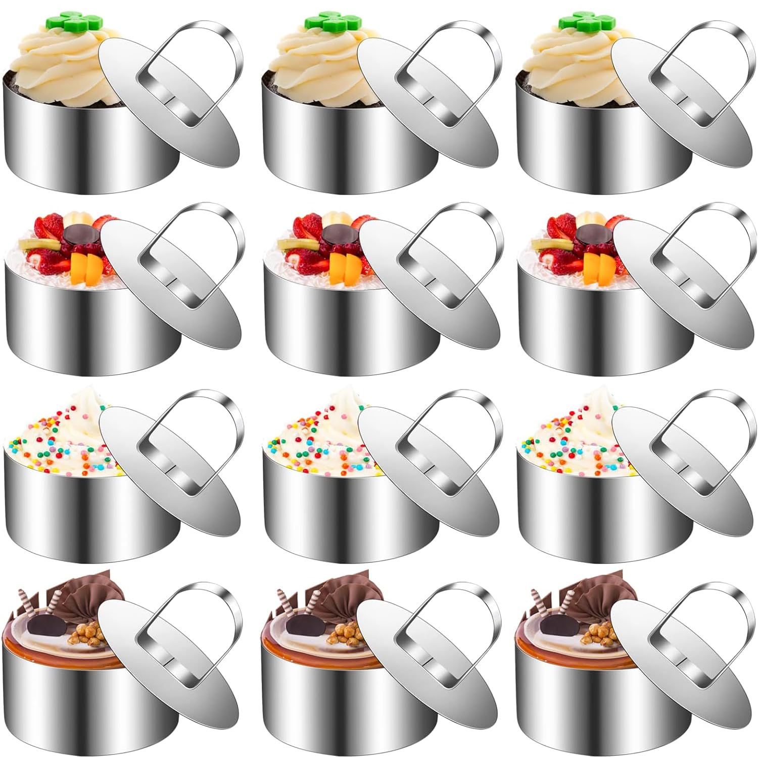 Bhina 12 Pieces Cake Rings Mousse Rings Stainless Steel Cake Rings 8 cm Diameter Round Cake Mold Dessert Rings Stainless Steel Moulds with Lid DIY Mould for Pastry Dessert