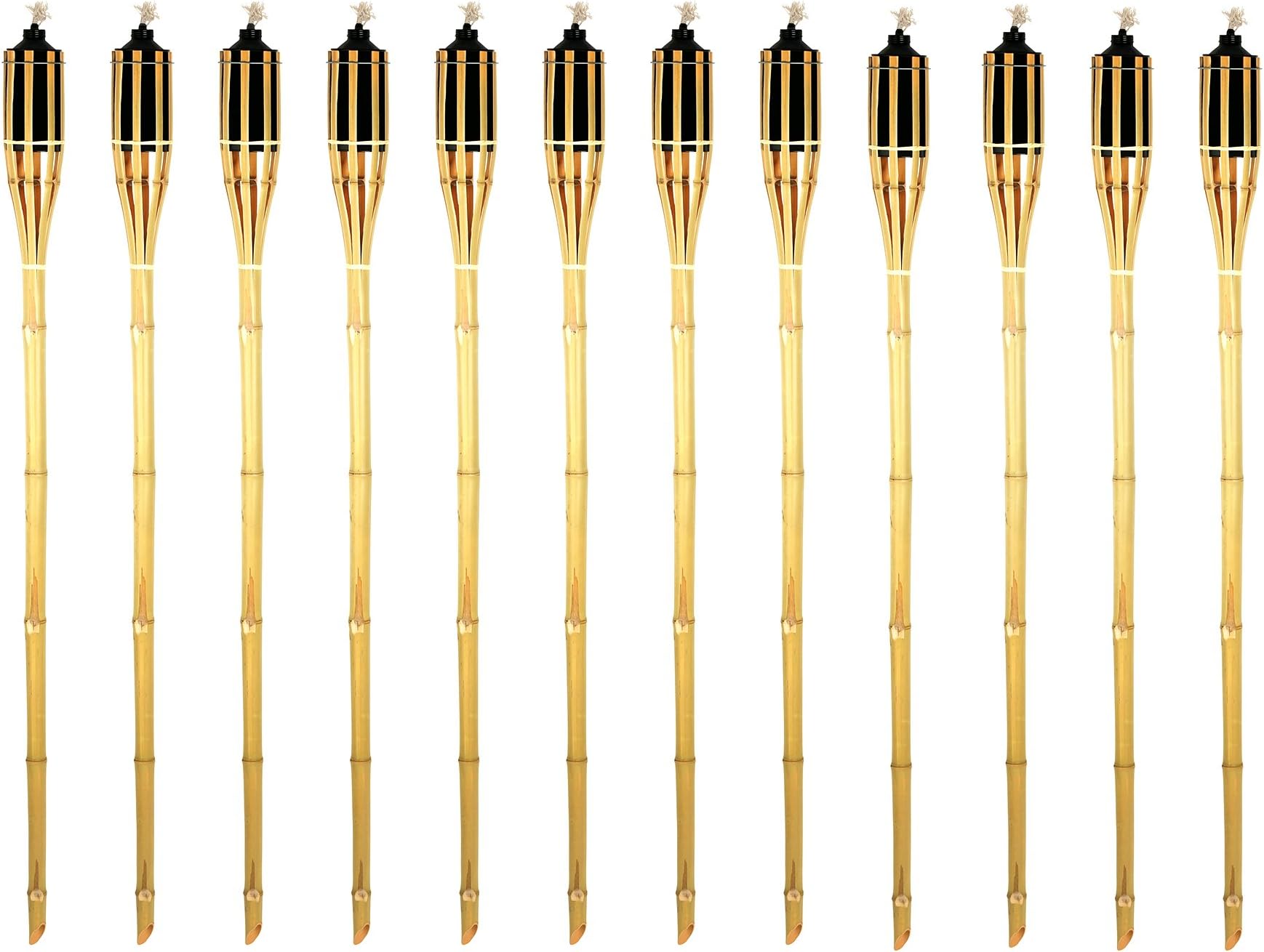 Kaya Collection Bamboo Torches - 12 Pack - Metal Oil Canister - Reinforced with Metal Ring - 5 ft High, 20oz. Capacity - Sharp Speared Bottom