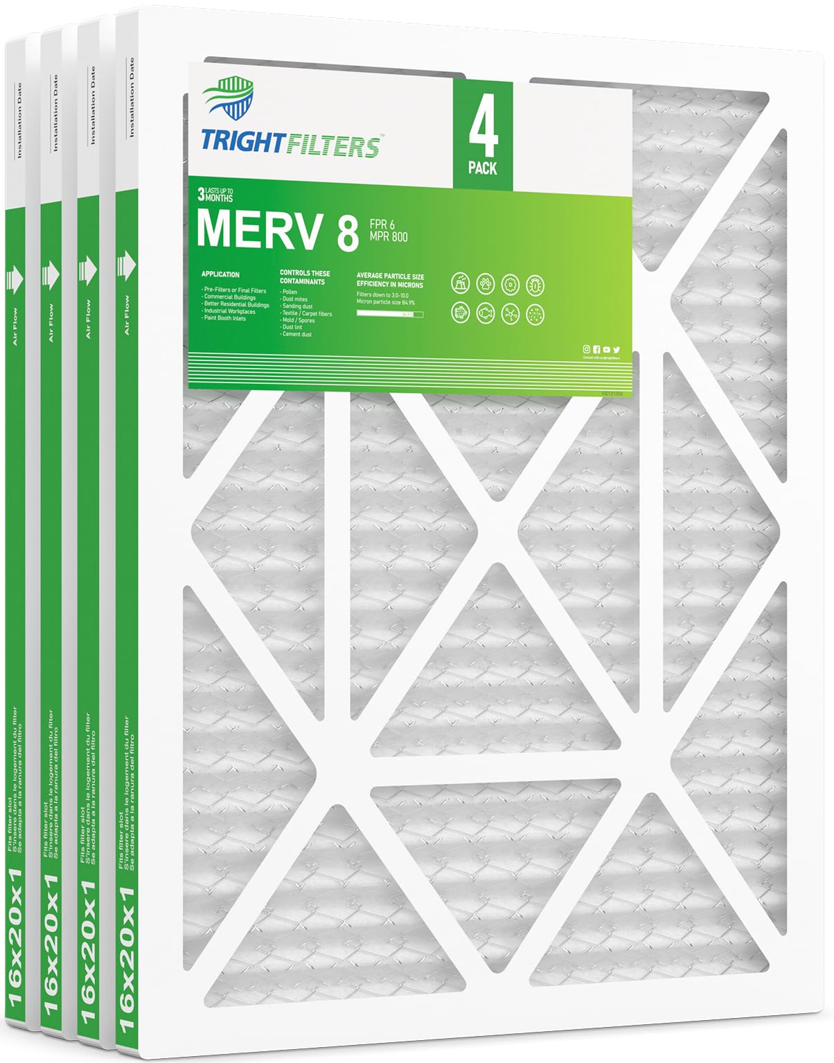 TRIGHTFILTERS 16x20x1 Air Filter 4 Pack, MERV 8 Pleated HVAC Furnace Filter