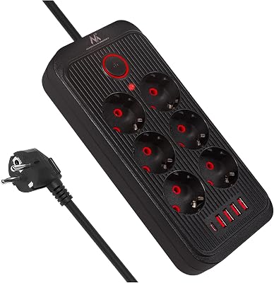 MCE389/391 Multiprise | 6 Prises 4xUSB 1xUSB-C 2500W | Rallonge de Bureau avec Interrupteur | Ports 45° | Montage Mural (Noir, 1,5 m)