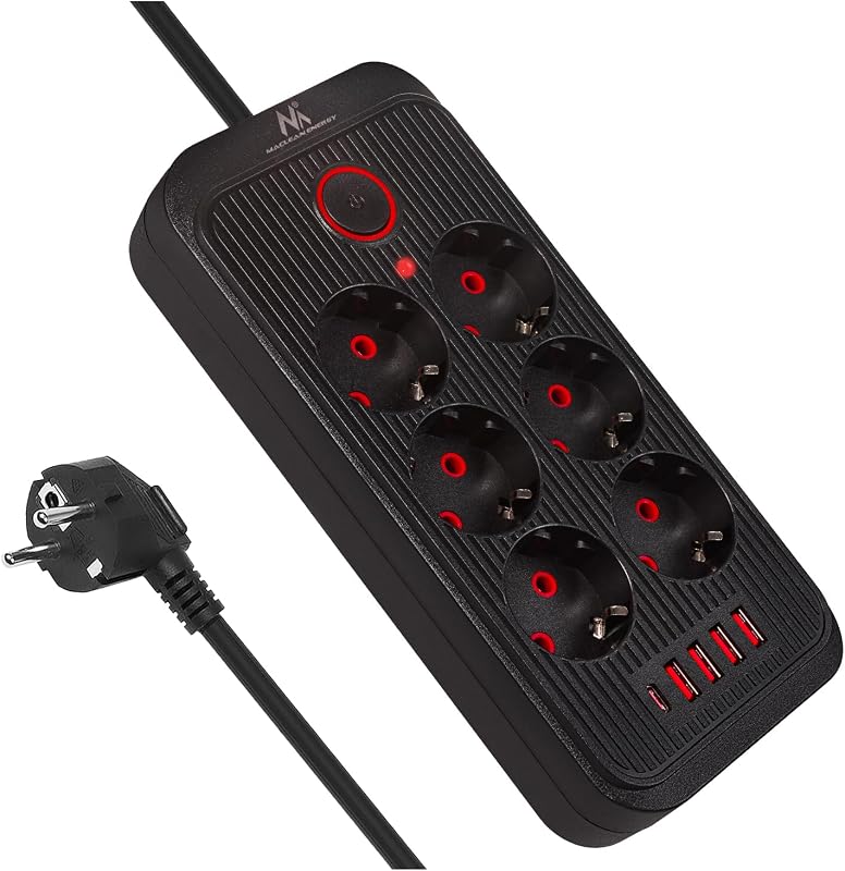 Régua de Energia MCE389/391 | 6 x 4xConectores USB 1xUSB-C 2500W | Cabo de Extensão de Secretária com Interruptor | Portas de 45° | Montagem de Parede (Preto, 1,5 m)