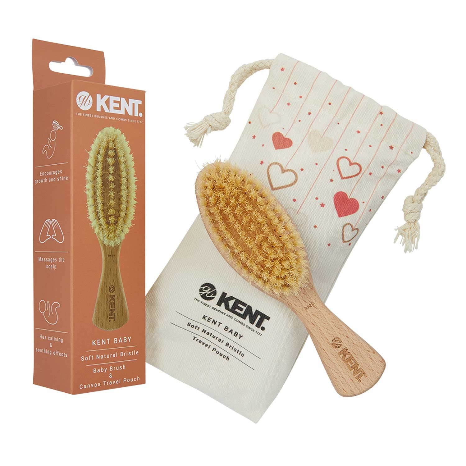 Kent Baby Soft Bristle Beechwood Brush with Canvas Travel Pouch - BA29