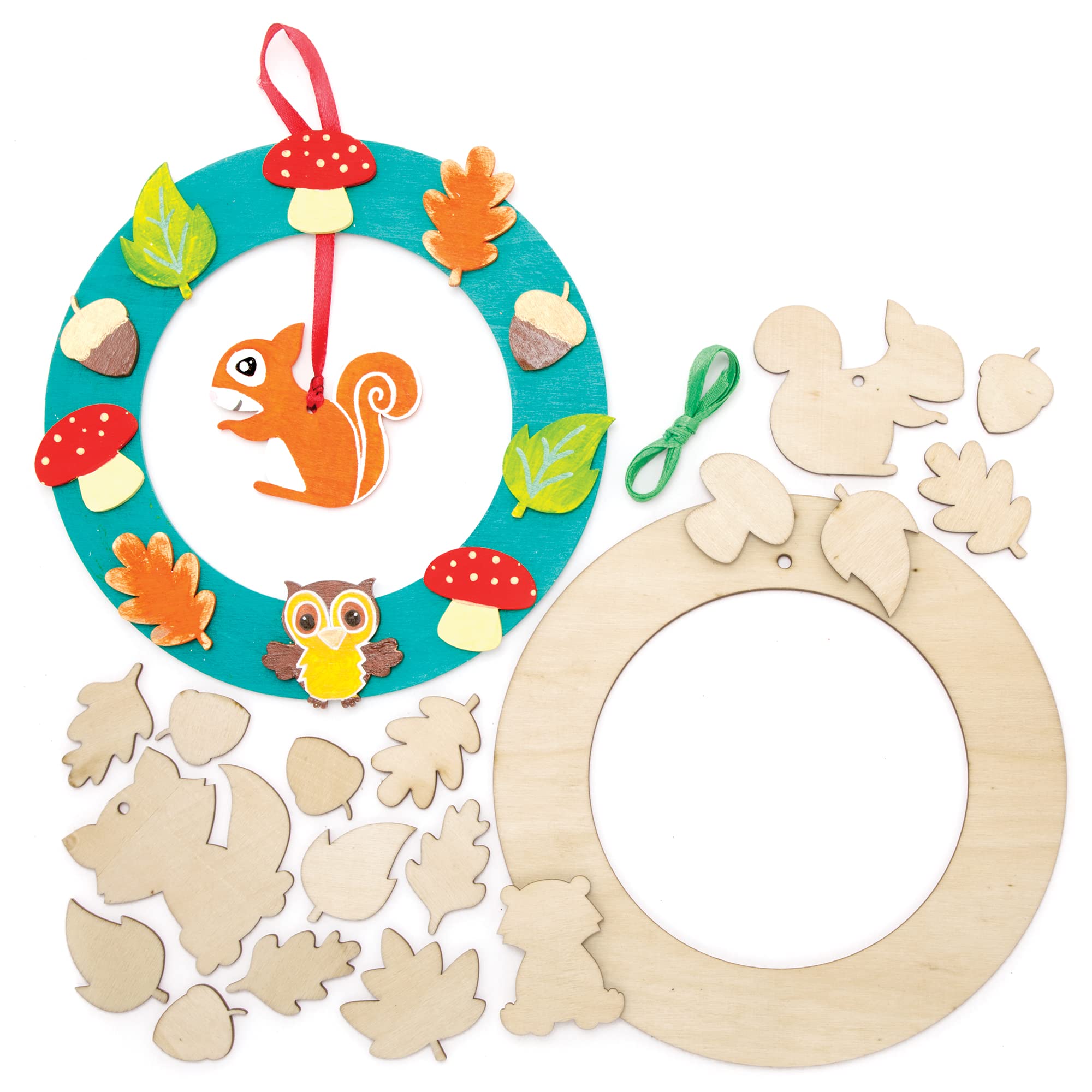 Baker Ross FE687 Woodland Animal Wooden Wreath Kits - Pack of 2, Wreath Ring to Decorate and Display, Wood Crafts for Kids, Make Your Own Decorations