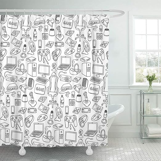 Amazon Com Emvency Shower Curtain Black Game Gamer With Doodle On