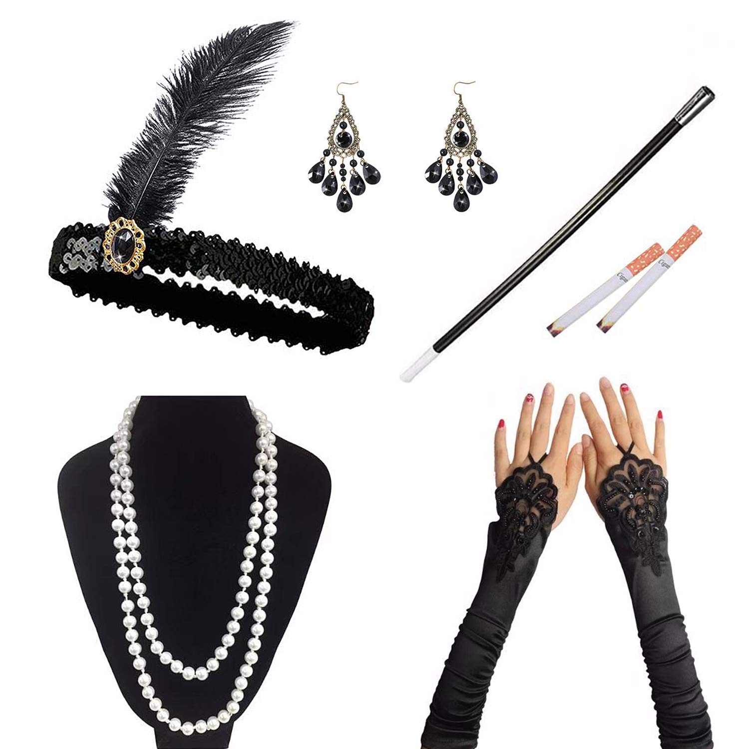 Yeestone 1920s Accessories Flapper Set 7pcs kits for Women Gatsby Costume Accessories with Feather Headband Gloves Necklace Black Cigarette Holder