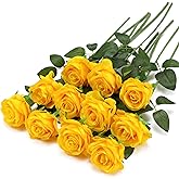 FLORRALIA Yellow Fake Roses Artificial Flowers - 10 Pcs Fake Artificial Roses Silk Flowers with Stems for Home Wedding Hotel Office Centerpiece Decor