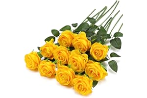 FLORRALIA Yellow Fake Roses Artificial Flowers - 10 Pcs Fake Artificial Roses Silk Flowers with Stems for Home Wedding Hotel Office Centerpiece Decor