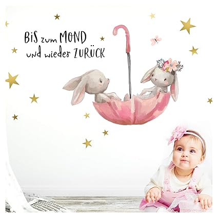 Little Deco Wandtattoo Bis zum Mond & Hasen im Regenschirm I M - 100 x 59 cm (BxH) I Kinderzimmer Babyzimmer Aufkleber Sticke