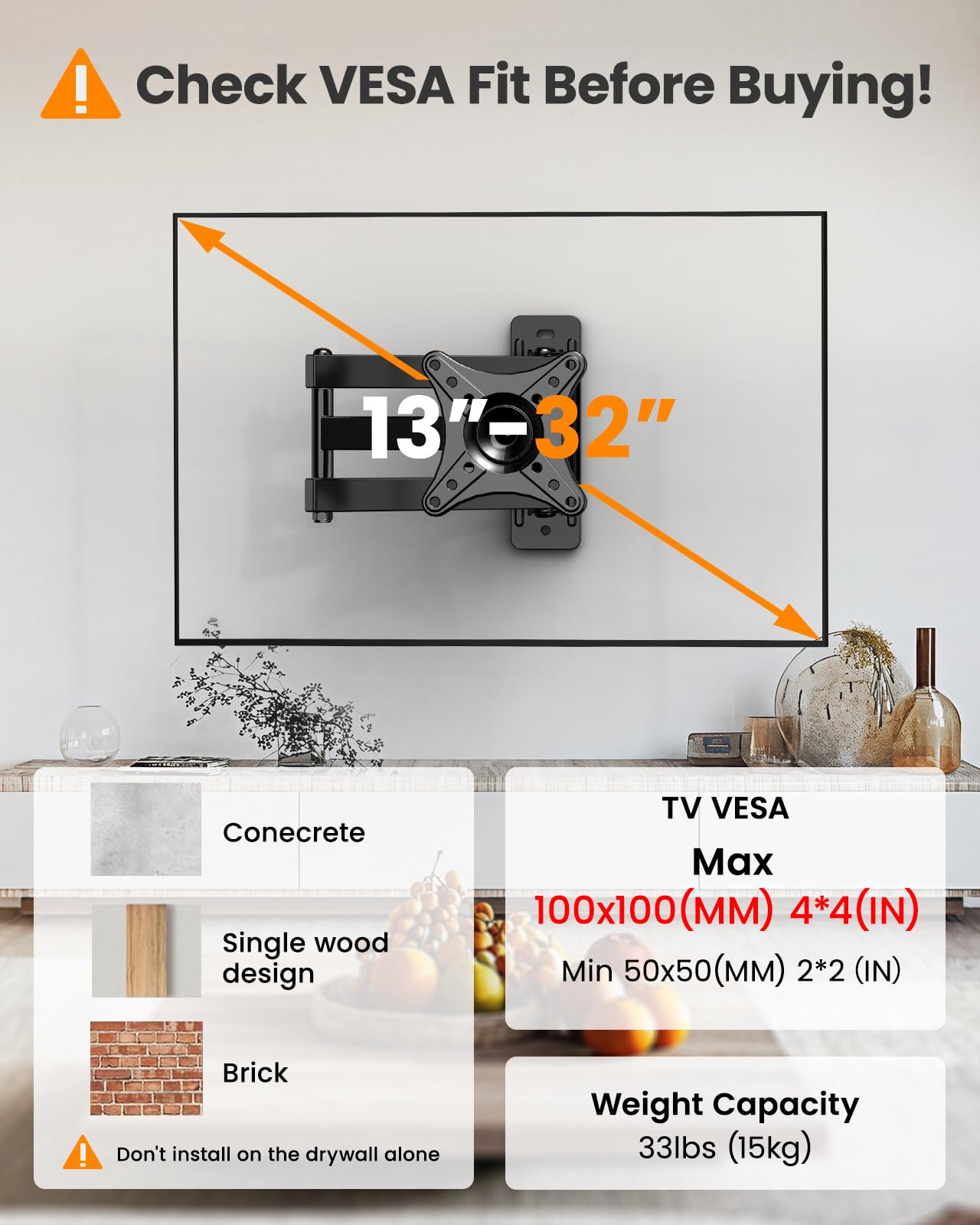 Full Motion TV Monitor Wall Mount Bracket for Most 13-32 Inch LED LCD Flat Curved Screen, 360° Rotation Swivel Tilt Extension，Adjustable Articulating Arms, Max VESA 100x100mm up to 33lbs