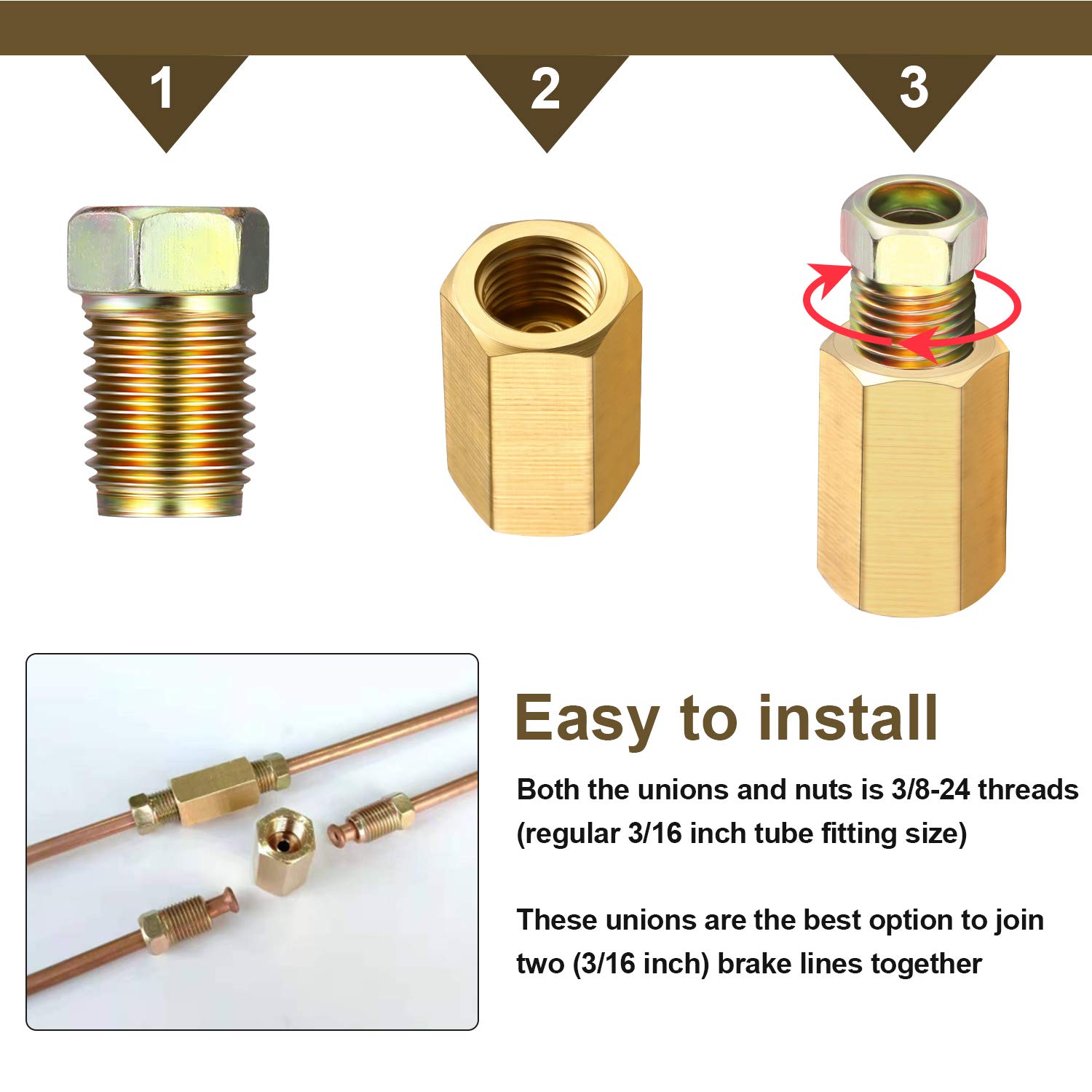 24pc Brake Line Fittings Kit - 3/16 Inch Brass Unions & Nuts For Inverted Flare Connections