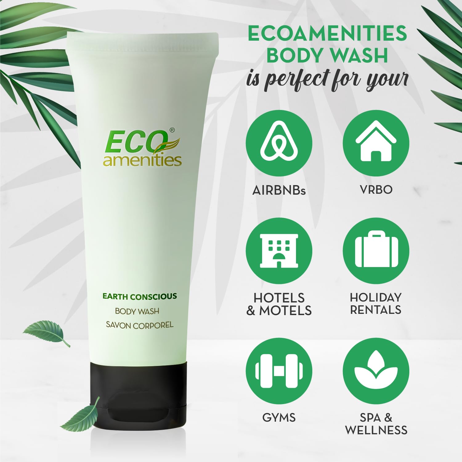 ECO amenities Travel Size Body Wash Bulk - Hotel Supplies for Guests - Great for Vacation Rental and Airbnb Toiletries - Body Wash for Men & Women - Green Tea Scent - 72 pack, 1.0 fl oz (30ml) tubes