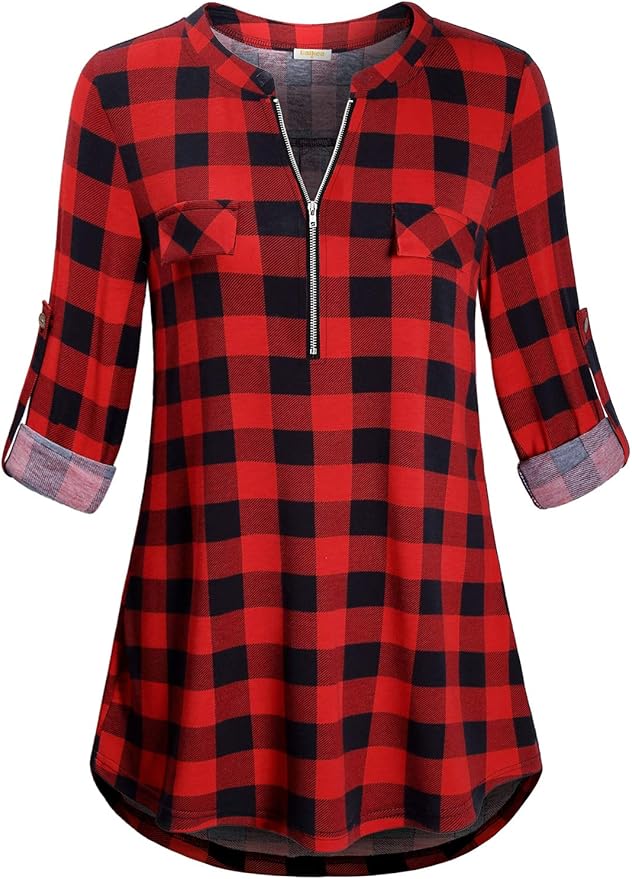 Baikea Womens Christmas Tops,Red Plaid Shirt Long Sleeve Stylish Zip Up