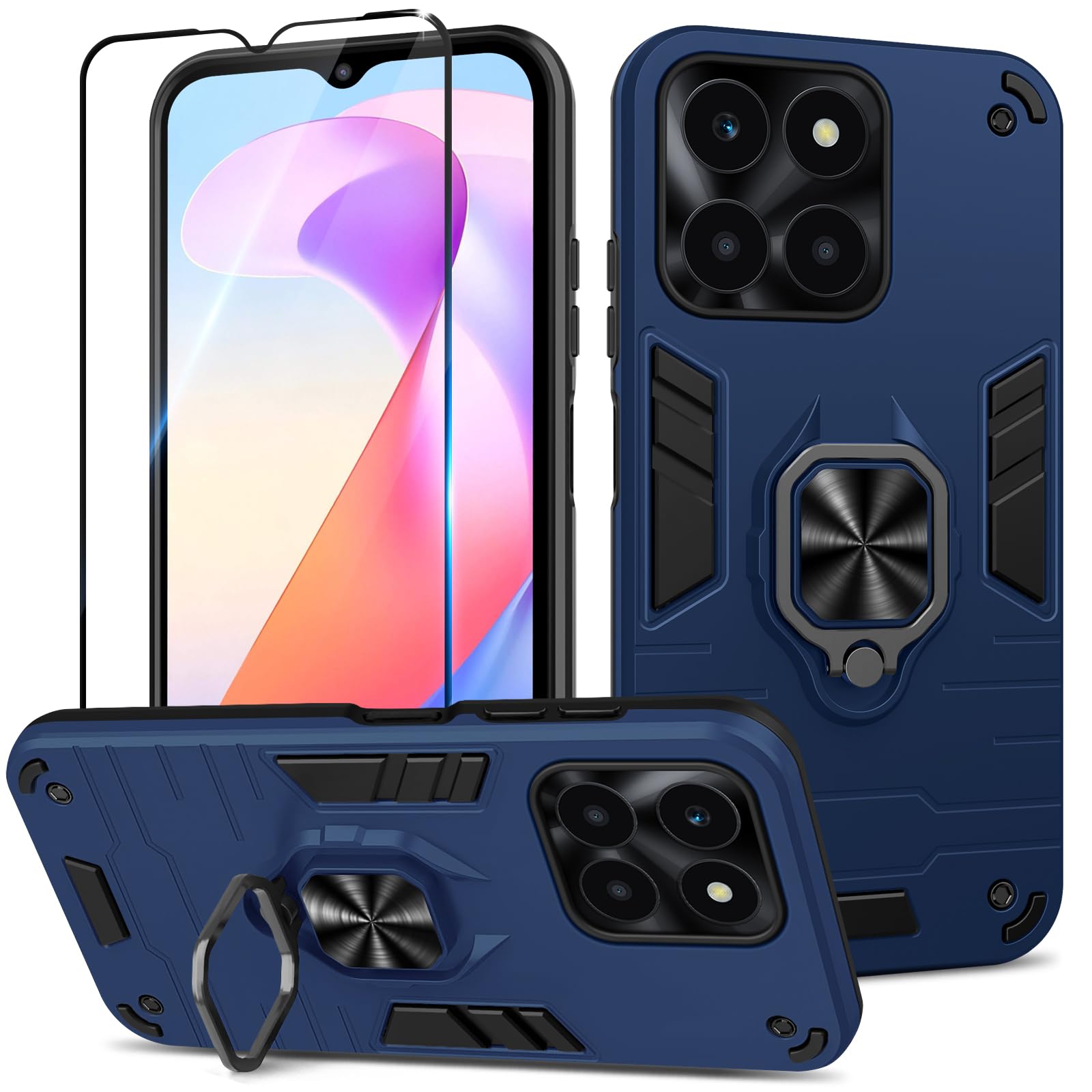 Btstring Case for Honor X6A and Screen Protector Tempered Glass, Shockproof Tough Armour Phone Case with Stand, Heavy Duty Personalised, Blue