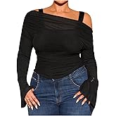 WDIRARA Women's Plus Size 2 in 1 Off Shoulder T Shirt Ruched Sheer Bell Long Sleeve Tee
