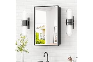 TETOTE Black Medicine Cabinet with Mirror 16 x 24 Inch, Bathroom Mirror with Storage, Metal Framed Bathroom Cabinet with 1 Do