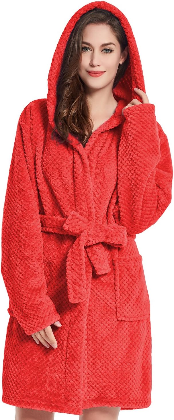 Bathrobe S Short Women Men Unisex Hooded Dressing Gown Microfibre Soft Snug Cosy Fleece Red Sleepyhead