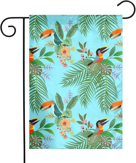 Bandera de verano para jardín, diseño de hojas de tucán, flores de
