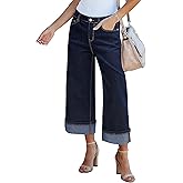 GRAPENT Wide Leg Jeans for Women High Waisted Stretchy Denim Crop Pants Fold Hem Cropped Baggy Jeans with Pockets