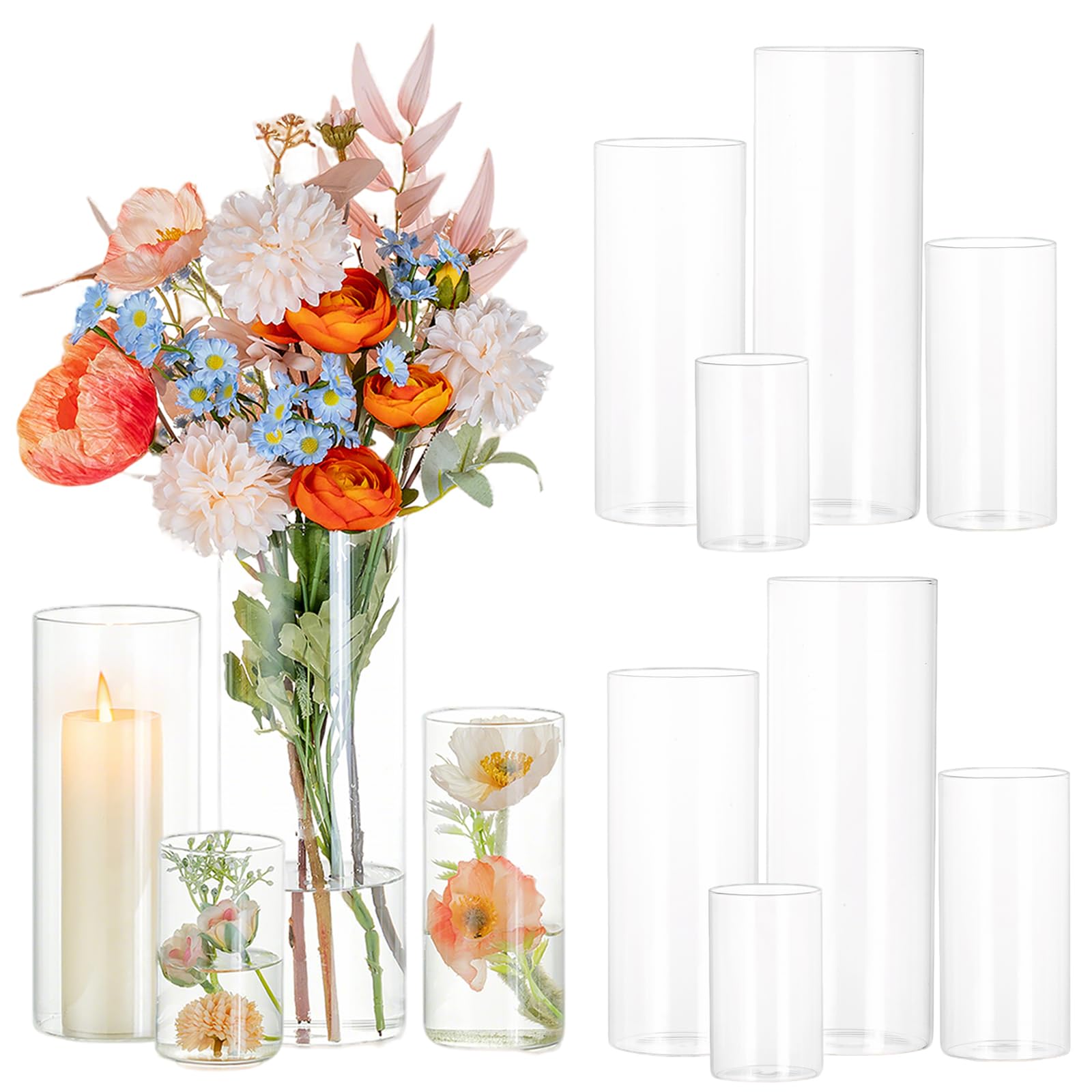 Photo 1 of Glasseam Cylinder Glass Vases for Centerpieces: 12 Pack Clear Flower Vase Bulk 4" 6" 8" 10" Hurricane Floating Pillar Candle Holder - Modern Centerpiece for Wedding Dining Home Table Decor