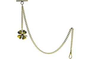 WATCHVSHOP Albert Chain Gold Color Pocket Watch Chains for Men Fob T Bar + Swivel Clip + Four-Leaf Clover Design Fob AC131
