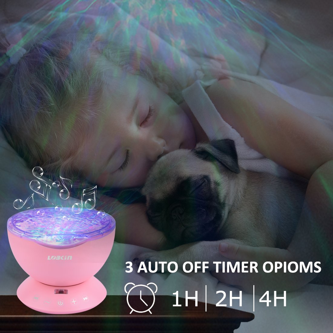 [Upgraded Model] Lobkin Remote Control Ocean Wave Projector ,Aurora Night Light Projector with Build-in Speaker, Mood Light for Baby Nursery, Adults and Kids Bedroom, Living Room (Pink)
