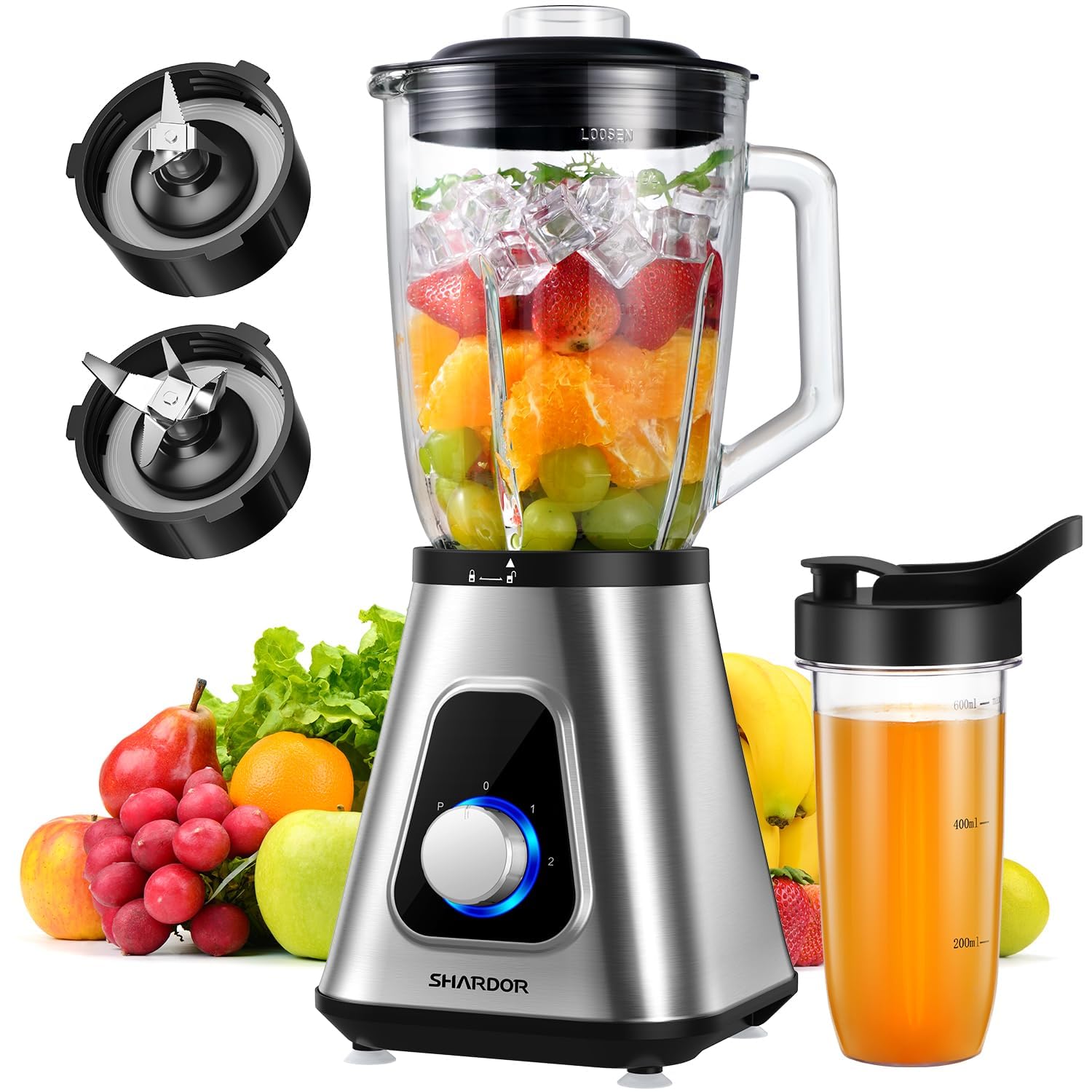 Photo 1 of SHARDOR 1200W Blender for Shakes and Smoothies, Countertop Blender and Personal Blender Combo, 52oz Glass Jar, 22oz Travel Cup, 3 Adjustable Speed for Frozen Fruit Drinks, Smoothies, Sauces, Silver