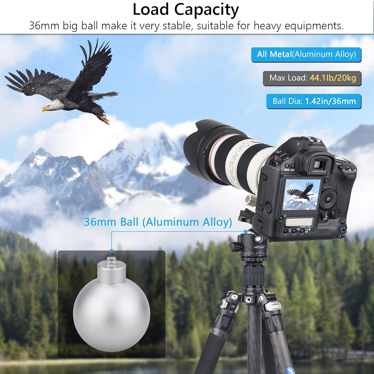 Low Profile Ball Head 36mm Stability Panoramic Tripod Head 360 Rotating Professional All Metal Ballhead with 1/4 inch QR Plate for DSLR Cameras Tripods Monopods Camcorder Slider Max Loading 33lbs/15kg - Image 3