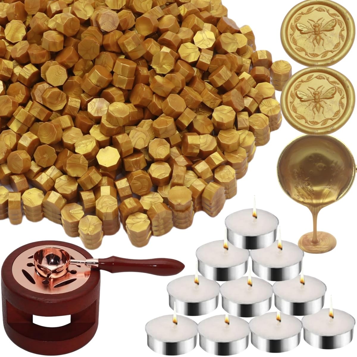 Sealing Wax Beads Kit, Atopbb 300pcs Mixed Red Color Wax Seal Beads, 1pcs Wooden WaxSeal Warmer, 1pcs Melted Spoon and 10pcs Tea Candles for WaxSealing Stamp Kit (300, Golden)