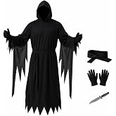 Halloween Scary Ghost Costume Set for Adults &amp; Kids, Mask, Toy Dagger | Gloves &amp; fabric belt included; breathable polyester offers all-day comfort; machine washable; Adult S&ndash;XL, Child S&ndash;XL (5&ndash;14).