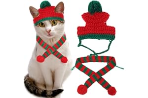 PAWSKIDO Cat Christmas Costume, Knit Pet Hat and Holiday Scarf Winter cat Outfits
