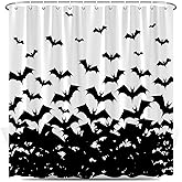 BOYIAN Halloween Spooky Bats Shower Curtain Black White Horror Scary Dark Animals Autumn Bathroom Decor Curtains Set with Hooks 70X70 Inch