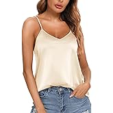Ridge's Puddle Satin Tank Tops - Womens Silk Shirts Basic V Neck Blouse Summer Camisole Spaghetti Work Vacation Outfits