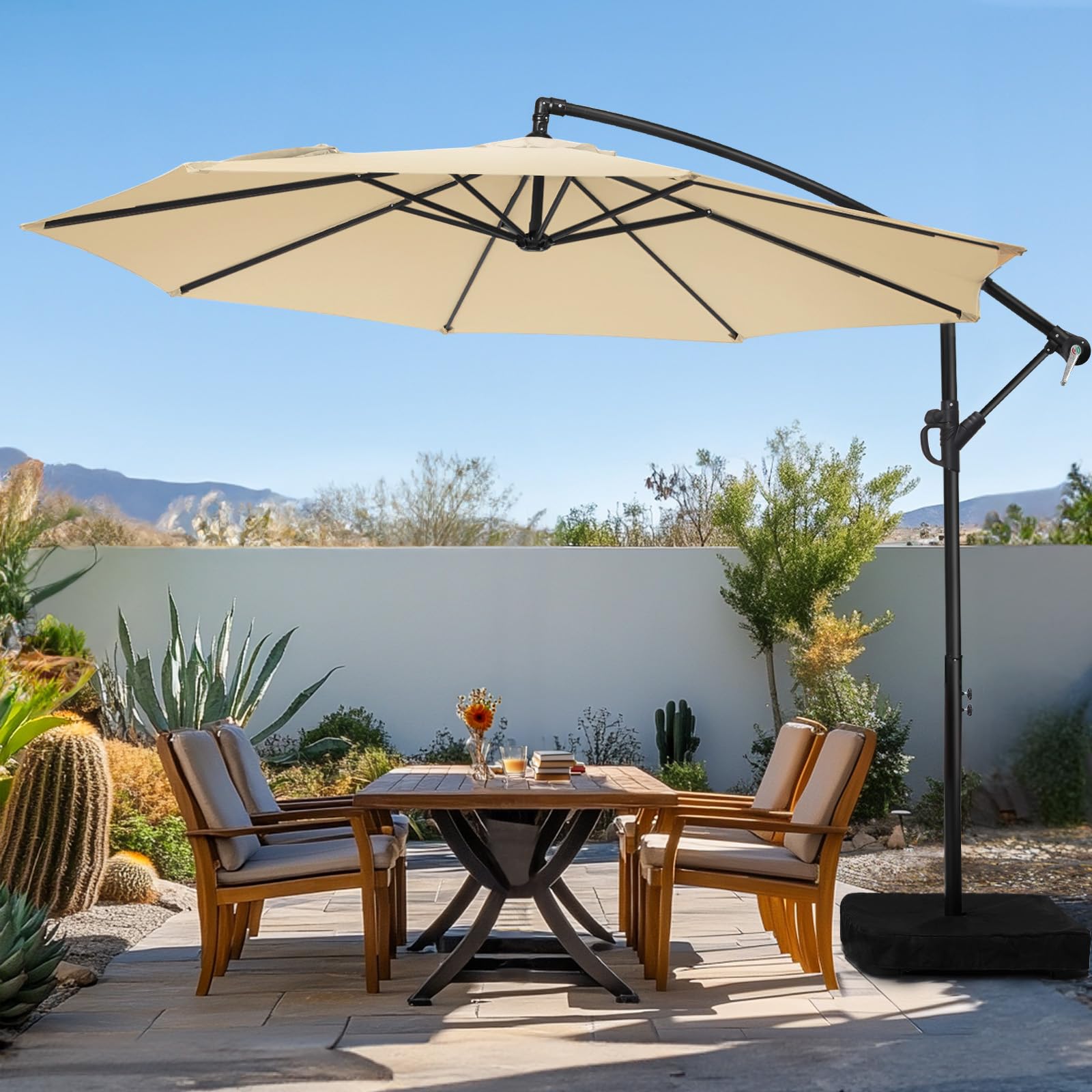 Photo 1 of wikiwiki 10ft Patio Umbrella with Base Included, Outdoor Offset Cantilever Umbrella with Sandbag Base for Backyard, Garden and Pool, Easy to Tilt and Crank, Beige