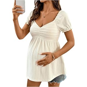 MakeMeChic Women's Maternity Tops Summer Short Sleeve Blouses Sweetheart Neckline Peplum Shirts