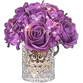 GreenHouzz Rose Silk Flower Arrangement Artificial Vivid Rose in Glass Vase with LED Light Elegant Centerpiece for Home Wedding Bathroom Table Shelf Decoration (Purple)