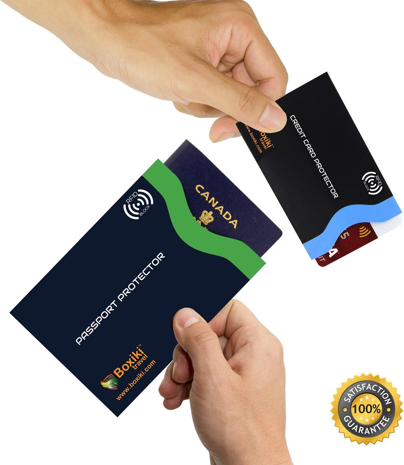  | RFID Blocking Sleeves, Set With Color Coding | Identity Theft Prevention RFID Blocking Envelopes by Boxiki Travel (Set of 15 Credit Card Sleeves + 5 Passport Sleeves) (White & Navy Blue) | Passport Covers