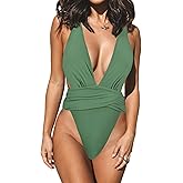 CUPSHE One Piece Swimsuit for Women Bathing Suit Cut Out Cross Back Tie Deep V Neck Ruched High Cut